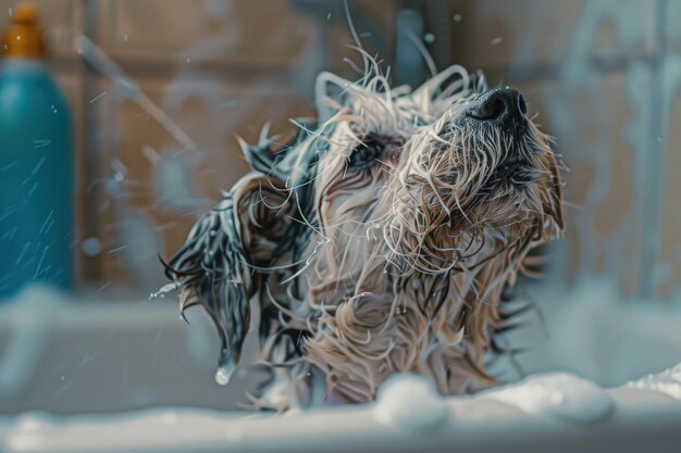 Ein nasser Hund sitzt in einer Badewanne