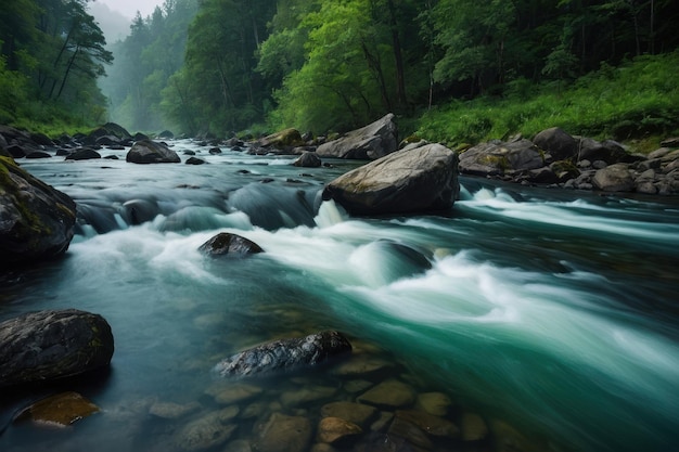 Ein nebliger Fluss fließt durch einen üppig grünen Wald