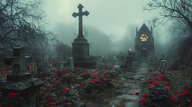 Ein nebliger Friedhof in der Dämmerung kreuzt den Hintergrund