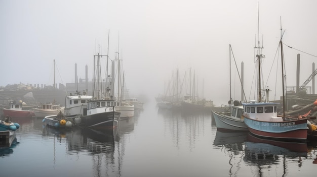 Ein nebliger Hafen mit Fischerbooten