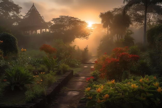 Ein nebliger Morgen im Garten mit einem Tempel im Hintergrund