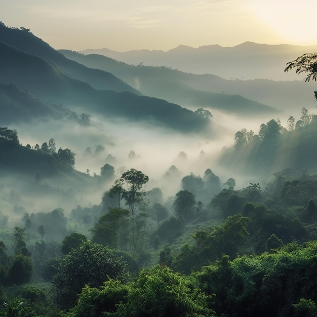 Ein nebliger Morgen in den Bergen von Muang.