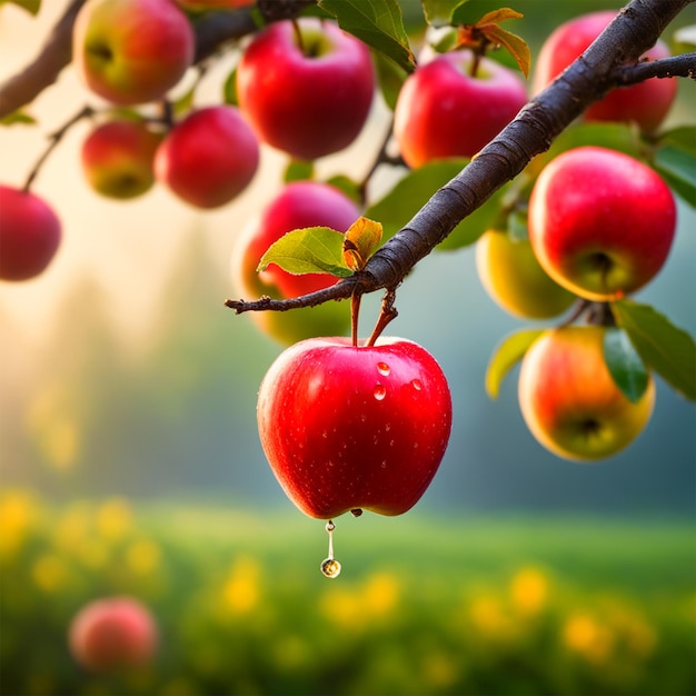 ein nebliger Morgen in einem Apfelgarten mit reifen Äpfeln, die an den Bäumen hängen, verwenden ein weiches, diffuses Licht