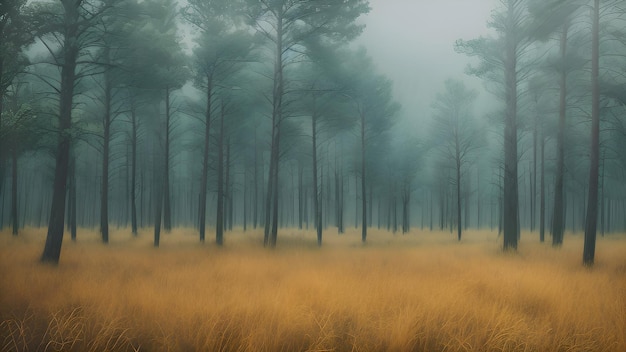 Ein nebliger Morgen in einem Wald mit Bäumen im Vordergrund