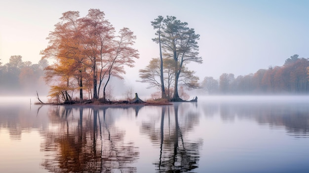 Ein nebliger Morgen mit Bäumen auf dem Wasser