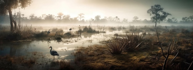 Foto ein nebliger sumpf mit gefährlichen kreaturen im hintergrund. generative ki