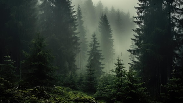 ein nebliger Wald, der mit vielen Bäumen gefüllt ist