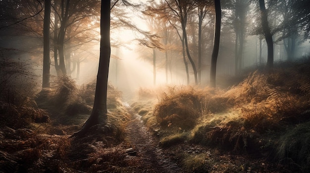 Ein nebliger Wald, in dem die Sonne durch die Bäume scheint