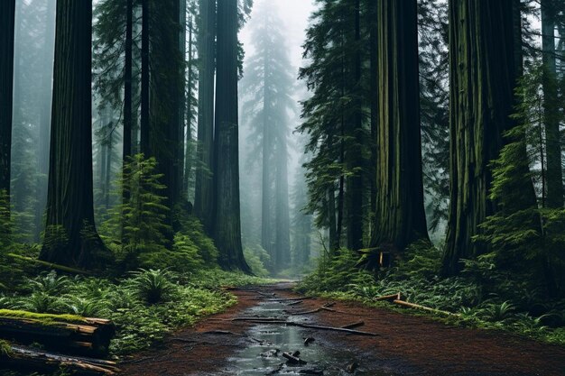 Ein nebliger Wald mit hohen Redwoodbäumen