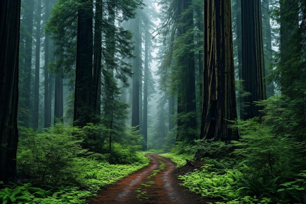 Ein nebliger Wald mit hohen Redwoodbäumen