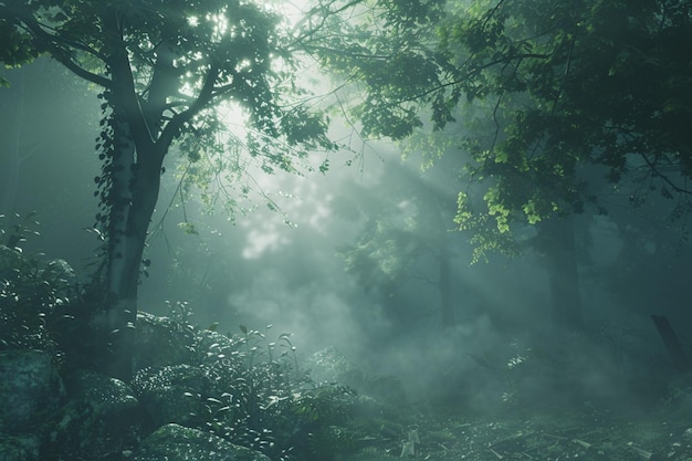 Ein nebliger Wald, umhüllt von einem ätherischen Nebel