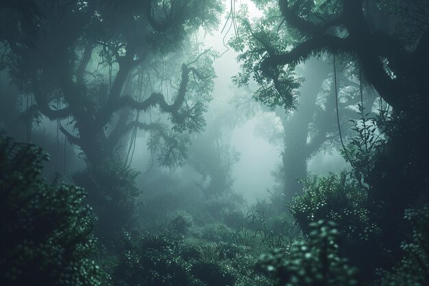 Ein nebliger Wald, umhüllt von einem ätherischen Nebel