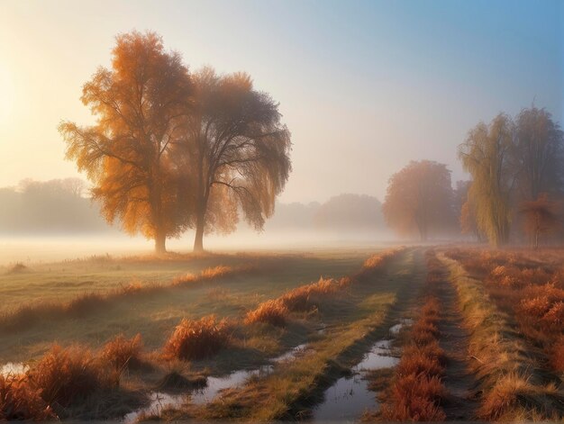 ein nebliges Feld mit einem Baum und einer Wasserpfütze in der Mitte