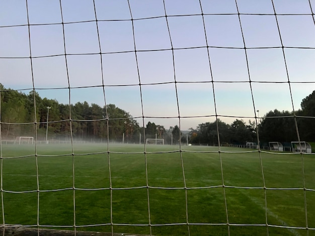 Ein nebliges Fußballfeld Niedriger Winkel des grünen Grases eines Fußballfeldes Konzept eines Sportfeldes