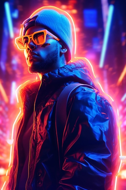 Ein Neon-Mann, ein Cyberpunk-Mann mit Neonjacke