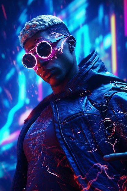 Ein Neon-Mann, ein Cyberpunk-Mann mit Neonjacke