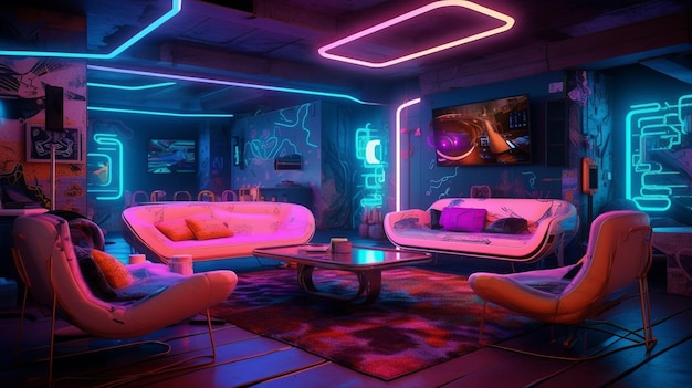 Ein neonfarbener Raum mit einer Couch und einem Fernseher, auf dem „Cyberpunk“ steht