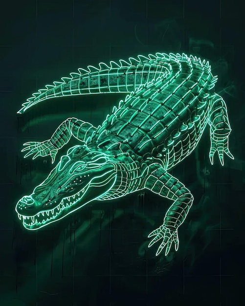 Ein neongrüner Alligator auf schwarzem Hintergrund