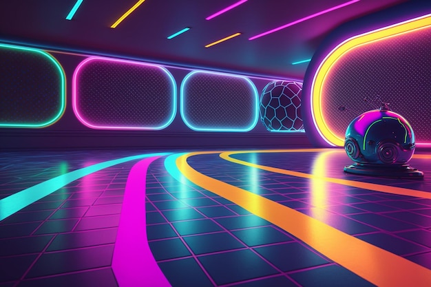 Ein Neonhintergrund mit einem Fußball auf dem Boden.