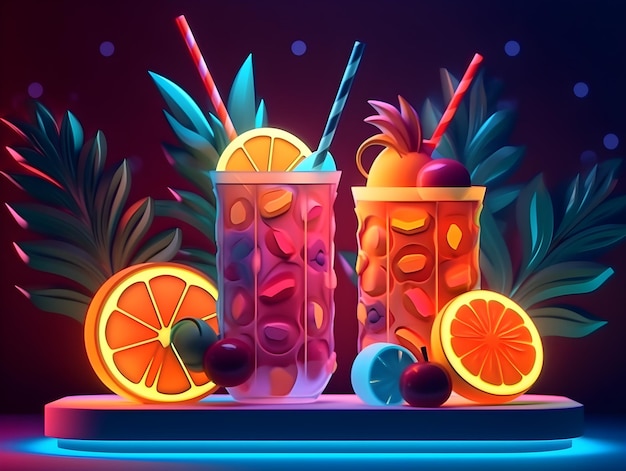 Foto ein neonlicht mit früchten und einem glas orangensaft
