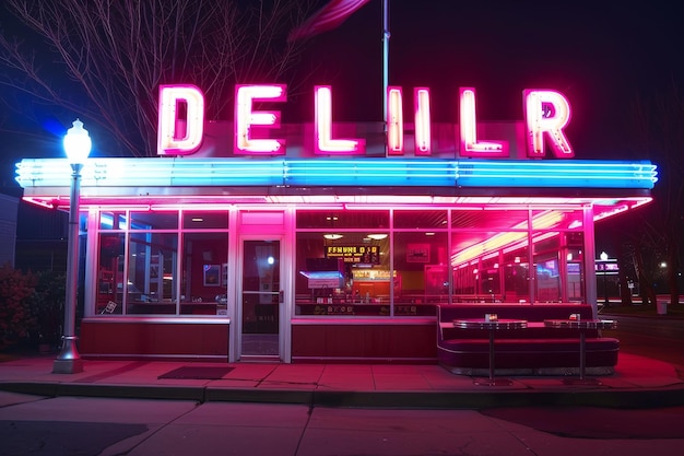 Foto ein neonschild für das delirr-restaurant ist in neonfarben beleuchtet