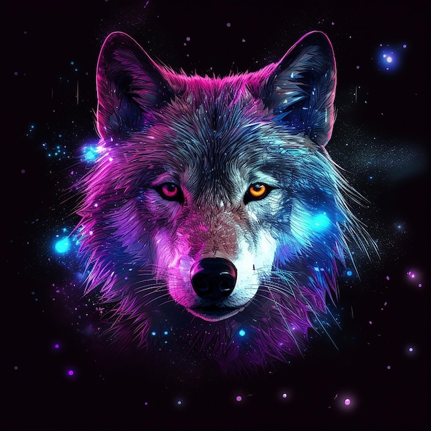 Ein Neonwolf auf schwarzem Hintergrund