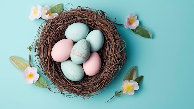 Ein Nest aus blauen und rosa Eiern mit rosa Flecken darauf.