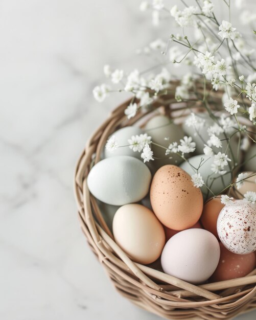 Ein Nest aus weichfarbigen fleckigen Ostereiern liegt zwischen zarten Blüten und Federn