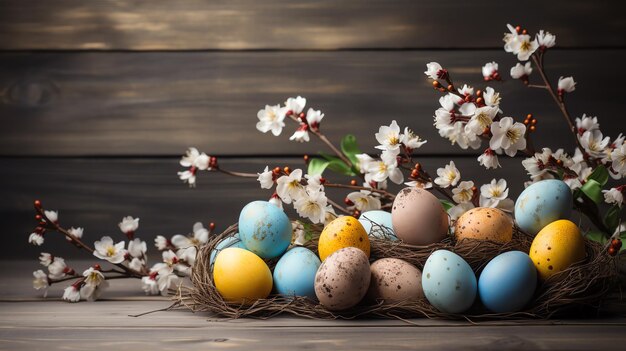 ein Nest mit bunten Eiern und weißen Blumen