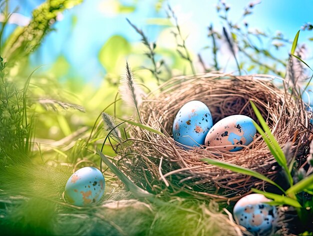 Ein Nest mit Ostereiern im Gras