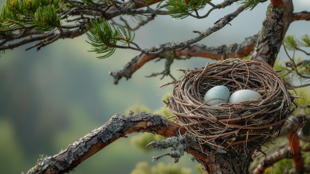 Foto ein nest mit zwei eiern auf einem baumzweig