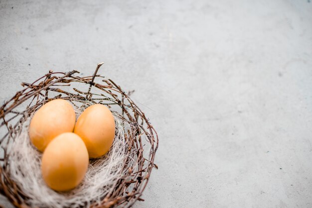 ein Nest und mehrere Eier mit Weidenruten. Abstrakter grauer Steinhintergrund, glückliches Ostern-Konzept