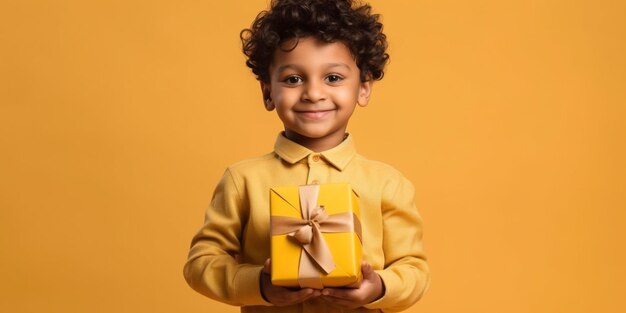 Ein netter junger indischer Junge überrascht glücklich mit einem Geschenk in seinen Händen mit einem gelben Hintergrund