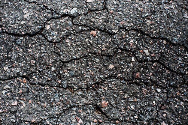 Ein Netzwerk aus schwarzen Rissen auf der Asphaltoberfläche. Straßenstruktur mit verwitterter Oberfläche, die die Auswirkungen von Zeit und Abnutzung zeigt