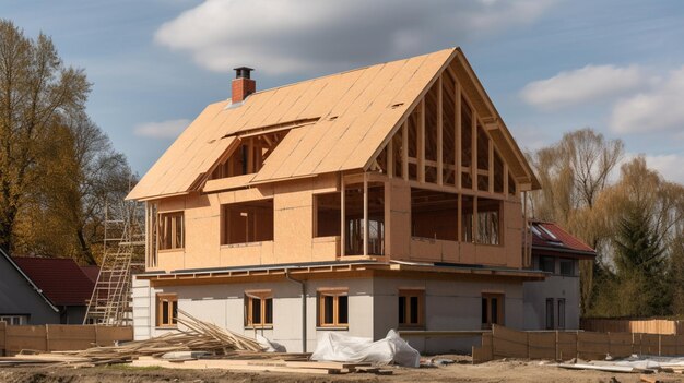 Ein neues Haus im Bau mit einem blauen Himmel im Hintergrund.