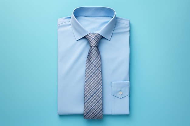 Ein neues Männerhemd mit Krawatte auf blauem Hintergrund, Firmenkleid auf blauen Hintergrund, formelles Kleid