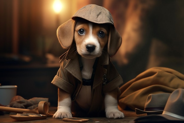 Ein neugieriger Beagle-Welpe im Detektiv-Trenchcoat 00151 02