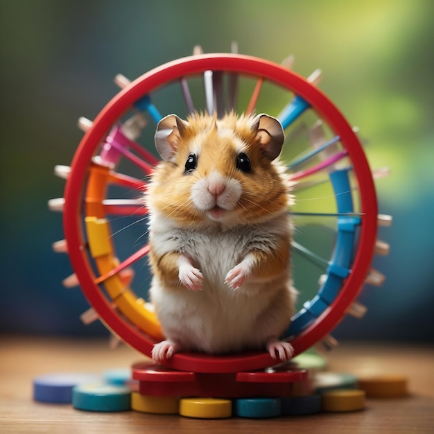 Ein neugieriger Hamster sitzt auf einem bunten Rad, das von Ai Generated erstellt wurde