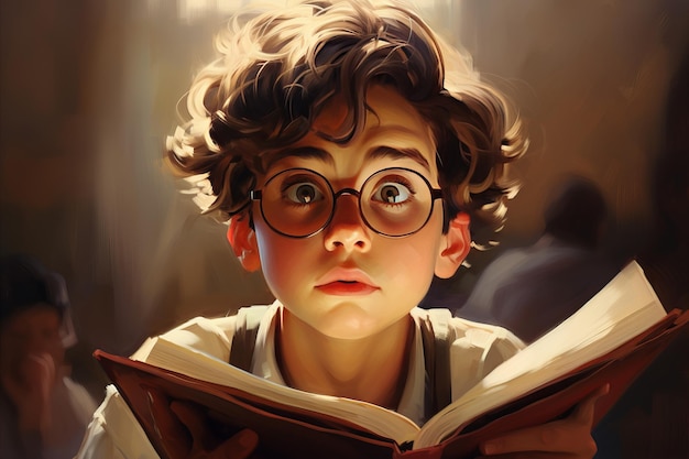 Ein neugieriger junger Schüler mit Brille steht vor einem offenen Buch und schaut verwirrt auf