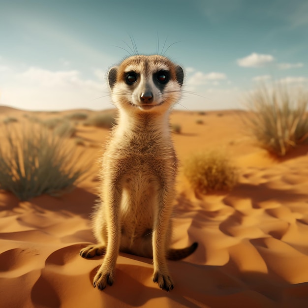 Ein neugieriger Meerkat, der auf Hinterbeinen in einer sandigen Wüste steht Hyperrealistische Illustration Photo Art