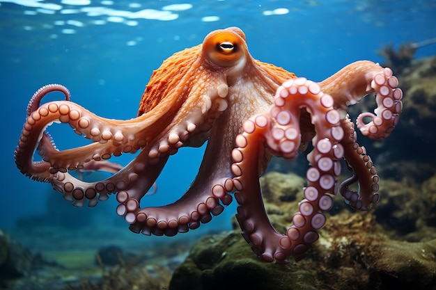 Ein neugieriger Oktopus zeigt seine Intelligenz und seine Fähigkeiten zur Problemlösung realistisches Foto