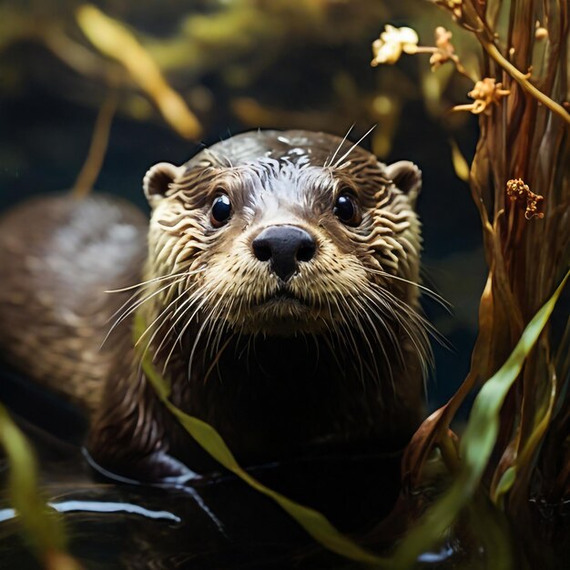 Ein neugieriger Otter blickt aus einem Kälbenschutz aus, der mit Wismpern zuckt, weil er einen leckeren Bissen erwartet