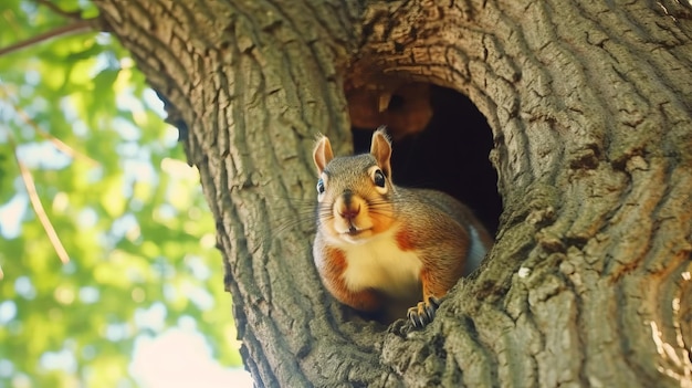 Ein neugieriges Eichhörnchen, das Passanten von einem von der KI generierten Baum aus beobachtet