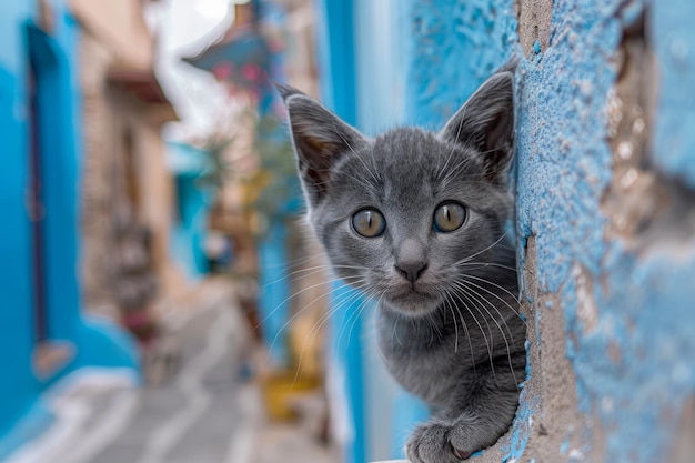 Ein neugieriges graues Kätzchen späht hinter einer blauen Wand auf einer malerischen schmalen Straße