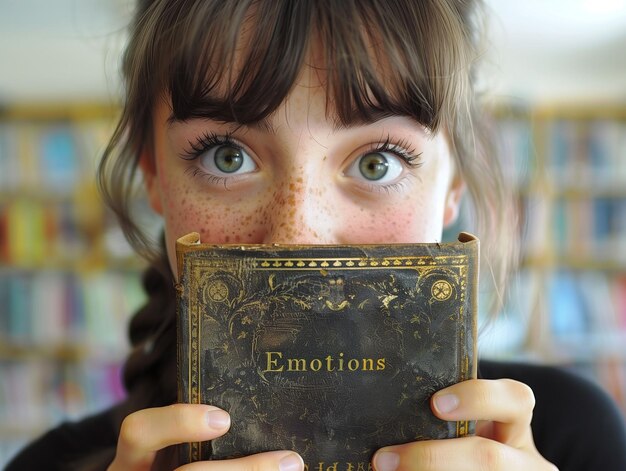 Ein neugieriges Kind blickt in der Bibliothek auf ein Buch mit dem Titel Emotionen