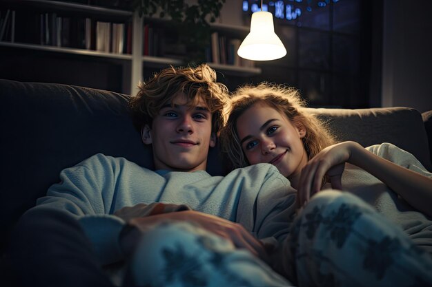 Foto ein niederländisches teenagerpaar schaut tv auf dem sofa eines zeitgenössischen stilvollen hauses in privater umgebung