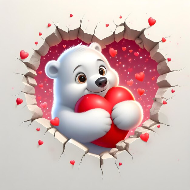 ein niedlicher Eisbär umarmt ein Herz, das aus einem herzförmigen Loch erscheint