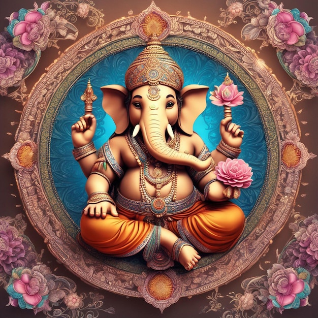 Ein niedlicher Hindu-Gott Lord Ganesha Farbe voll mit Blumen Dekoration