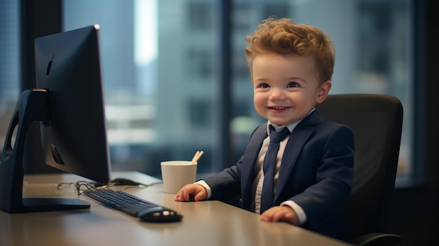 ein niedlicher kleiner Junge mit Brille sitzt und lächelt in der Kamera im Büro