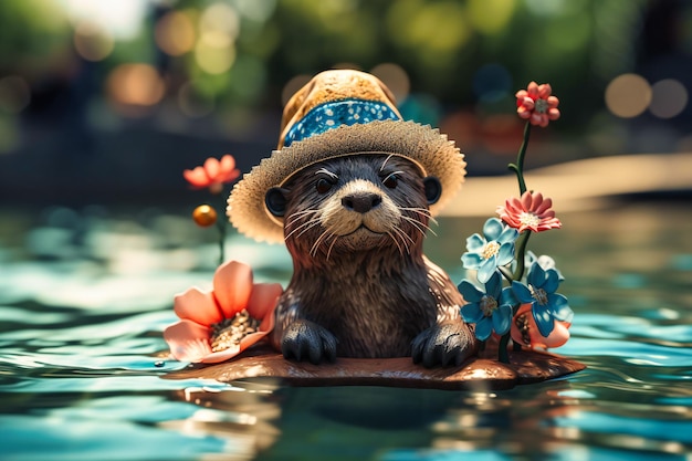 Ein niedlicher Otter, der einen blumigen Sommerhut und eine Sonnenbrille trägt, schwimmt auf seinem Rücken in einem Fluss, während er ein Eis am Stiel hält und entzückend aussieht